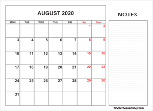 2020 printable august calendar with notes