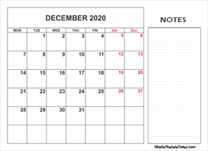 2020 printable december calendar with notes