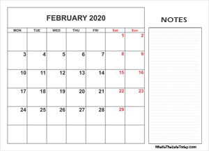 2020 printable february calendar with notes