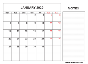 2020 printable january calendar with notes