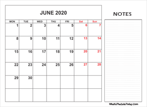 2020 printable june calendar with notes