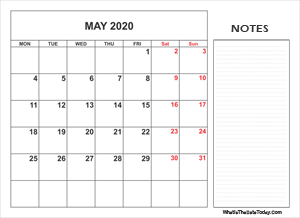 2020 printable may calendar with notes