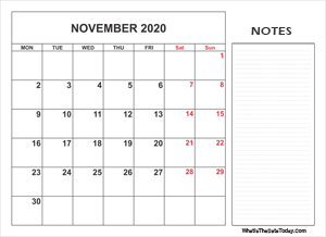 2020 printable november calendar with notes