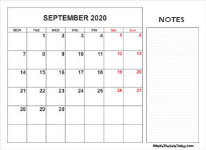2020 printable september calendar with notes