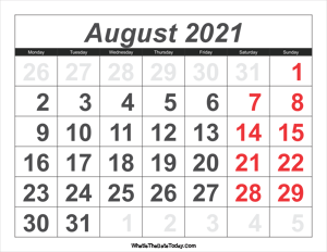 2021 calendar august with large numbers
