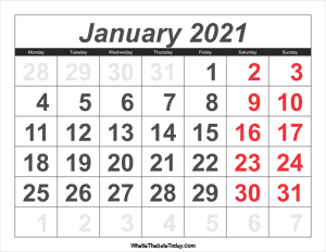 2021 calendar january with large numbers