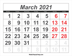 2021 calendar march with large numbers