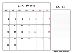 2021 printable august calendar with notes