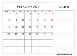 2021 printable february calendar with notes