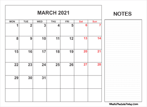 2021 printable march calendar with notes