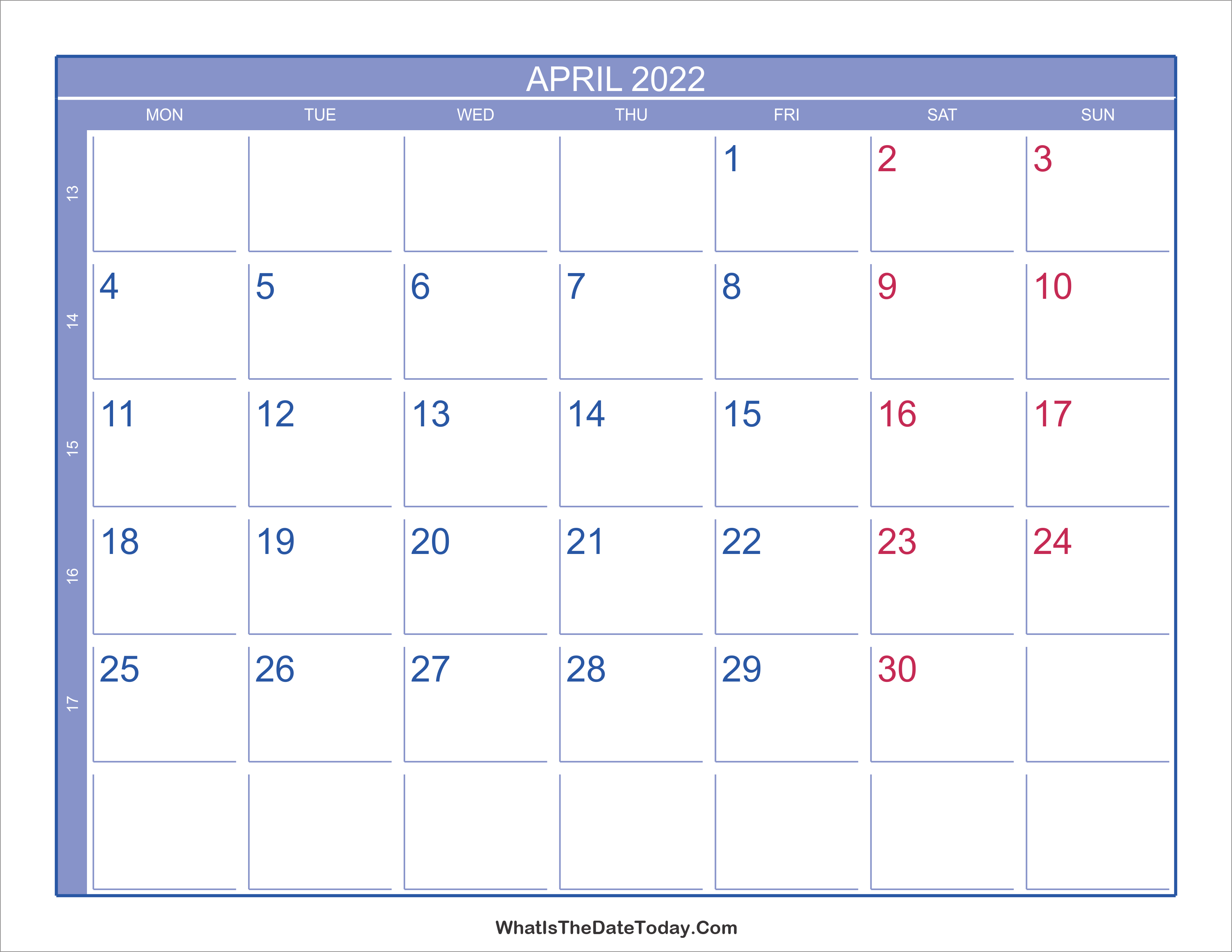 2022 April Calendar With Week Numbers Whatisthedatetoday Com