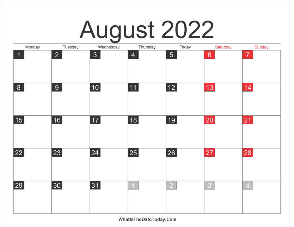 2022 August Calendar Printable