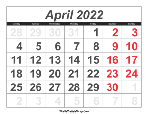 2022 calendar april with large numbers