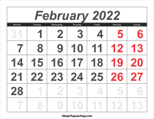 2022 calendar february with large numbers