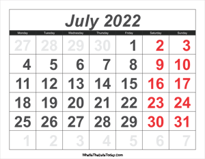 2022 calendar july with large numbers
