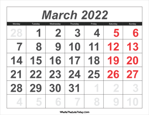 2022 calendar march with large numbers