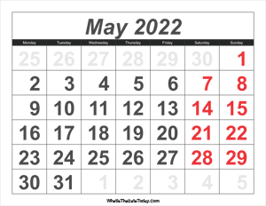 2022 calendar may with large numbers