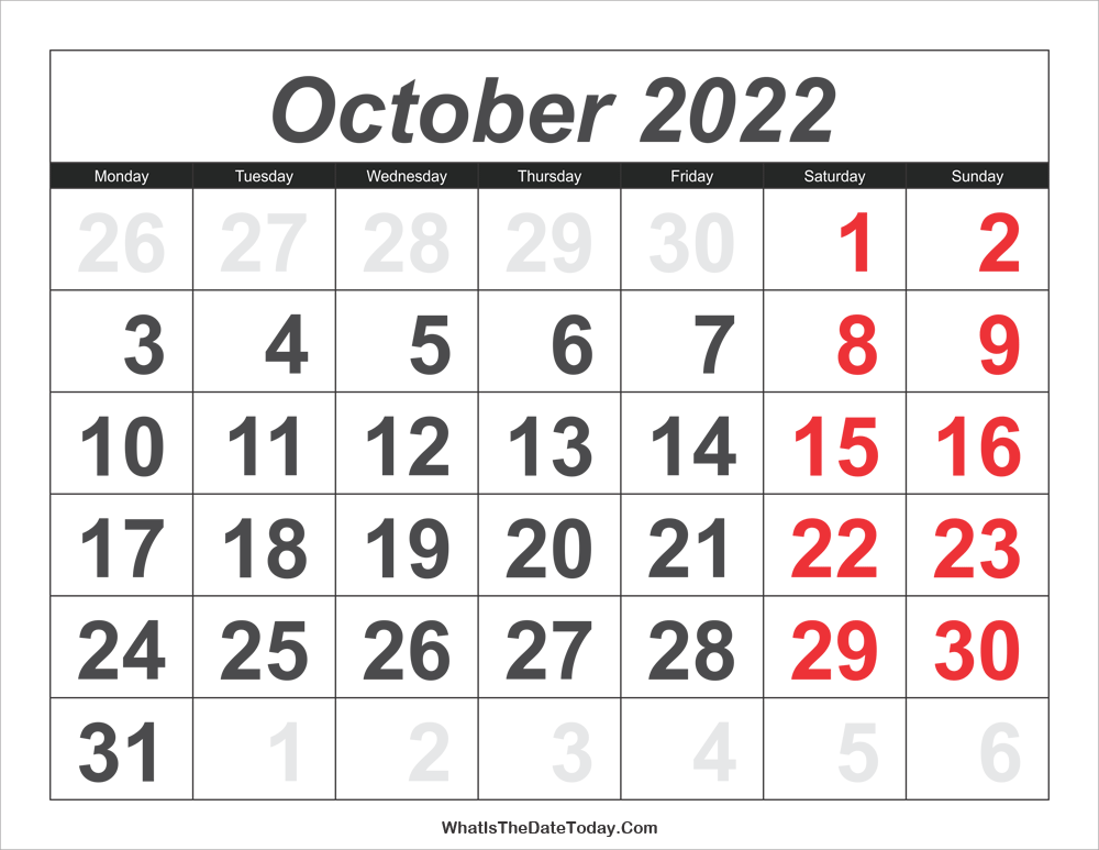 October 27 2022 Calendar 2022 Calendar October With Large Numbers | Whatisthedatetoday.com