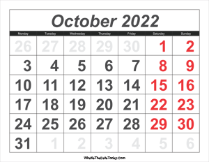 2022 calendar october with large numbers