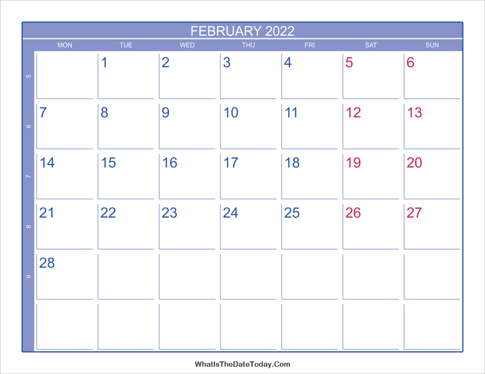 2022 february calendar with week numbers