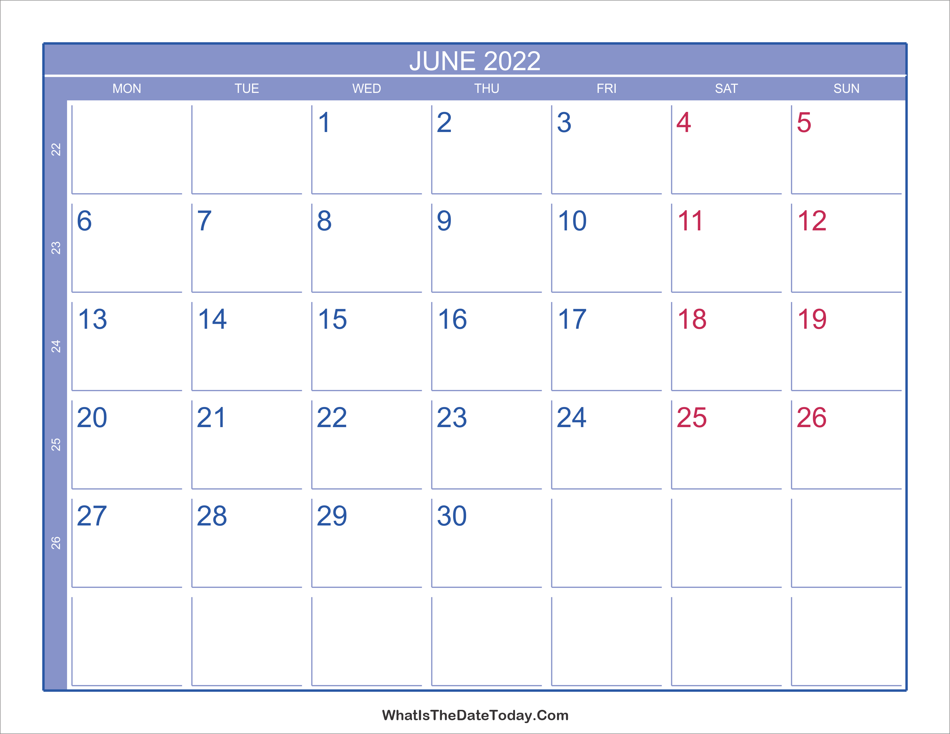 Dongcong Net Calendar 2022 2022 June Calendar With Week Numbers | Whatisthedatetoday.com