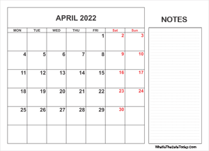 2022 printable april calendar with notes