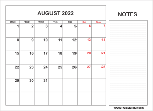 2022 printable august calendar with notes