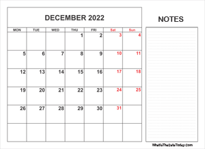 2022 printable december calendar with notes