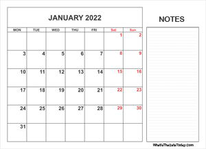2022 printable january calendar with notes