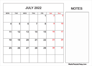 2022 printable july calendar with notes