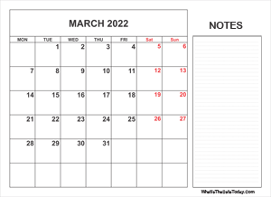 2022 printable march calendar with notes