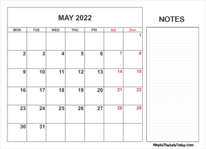 2022 printable may calendar with notes