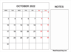 2022 printable october calendar with notes