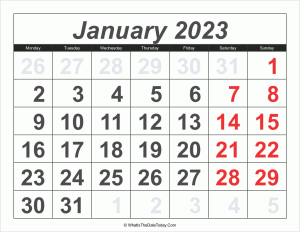2023 calendar january with large numbers