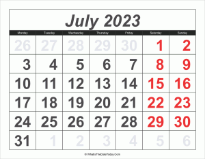 2023 calendar july with large numbers