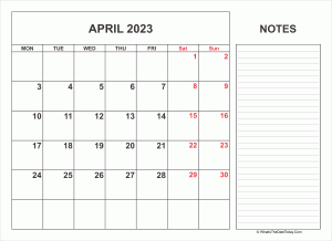 2023 printable april calendar with notes