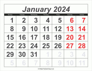 2024 calendar january with large numbers