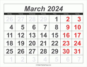2024 calendar march with large numbers