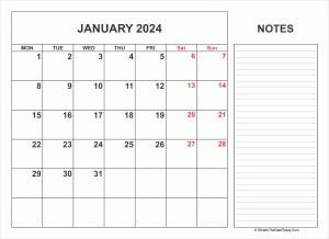 2024 printable january calendar with notes