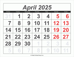 2025 calendar april with large numbers