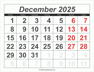2025 calendar december with large numbers