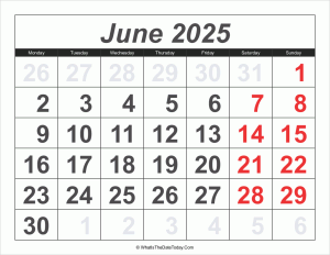 2025 calendar june with large numbers