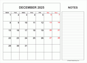 2025 printable december calendar with notes