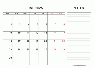2025 printable june calendar with notes