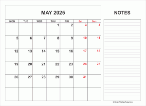 2025 printable may calendar with notes