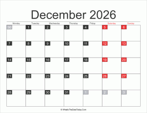 2026 december calendar printable