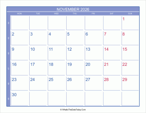 2026 november calendar with week numbers
