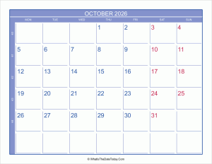 2026 october calendar with week numbers