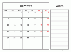 2026 printable july calendar with notes
