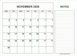 2026 printable november calendar with notes